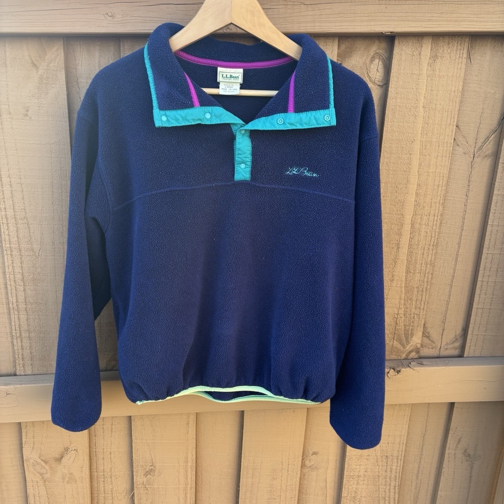 Vintage 90s  L.L Bean Snap-T Fleece Navy Blue / Teal Made In USA Womens Large